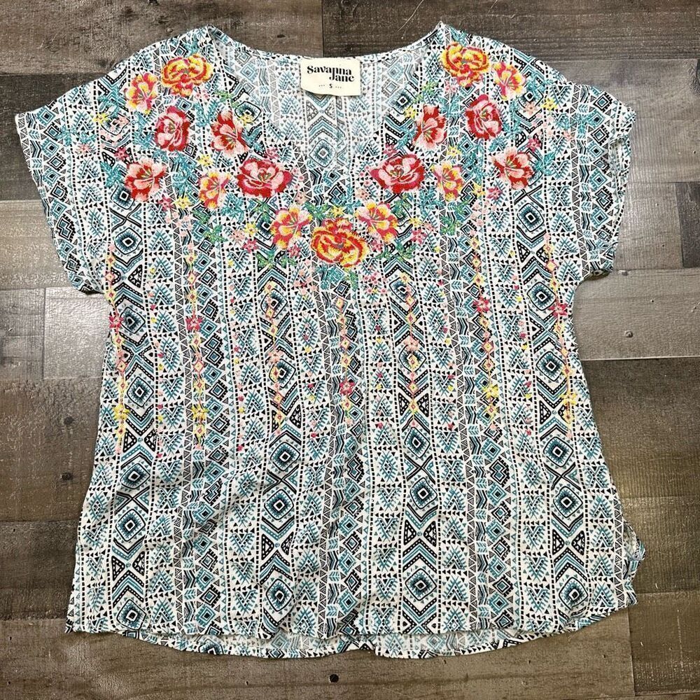 Savanna Jane blouse womens small embroidered floral teal aztec top flowy